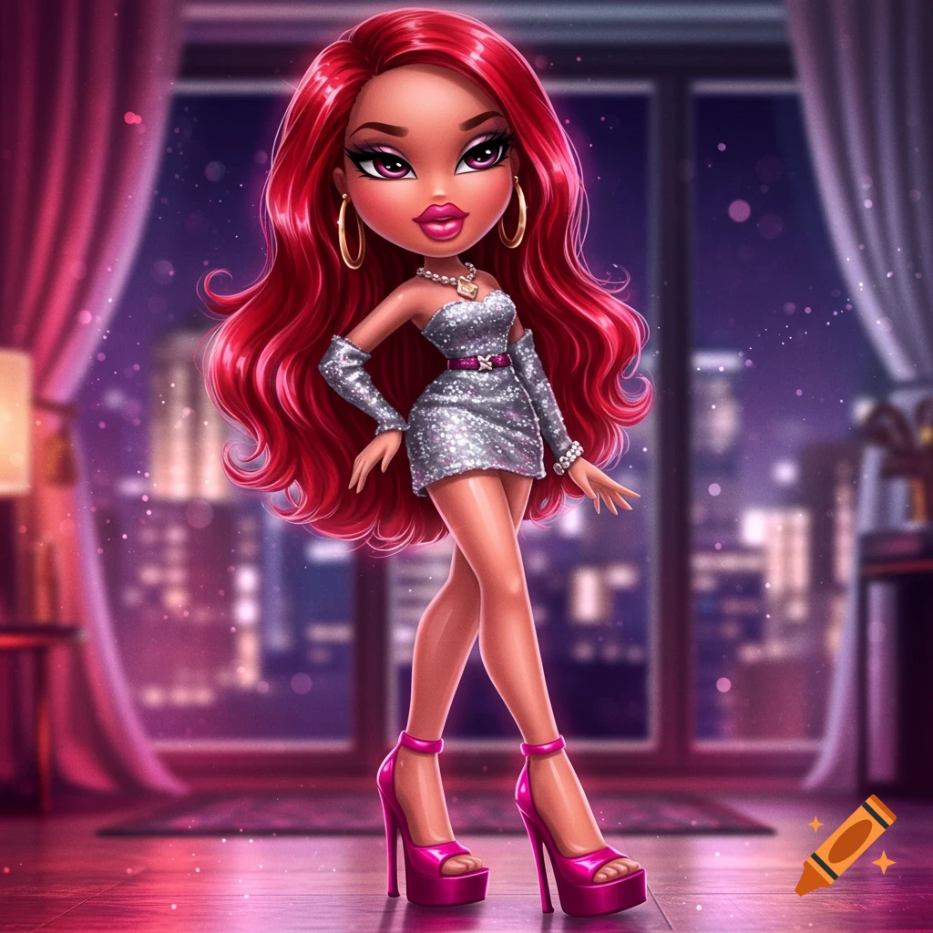 Cartoon Bratz doll with long red hair in a sparkly silver dress and pink high heels, in a glamorous room overlooking city lights at night.