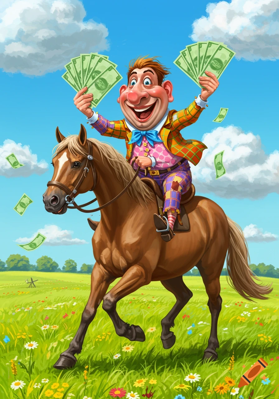 A joyful cartoon man in colorful clothes rides a brown horse through a sunny, flowery field, holding up fanned stacks of money as bills fall around him.