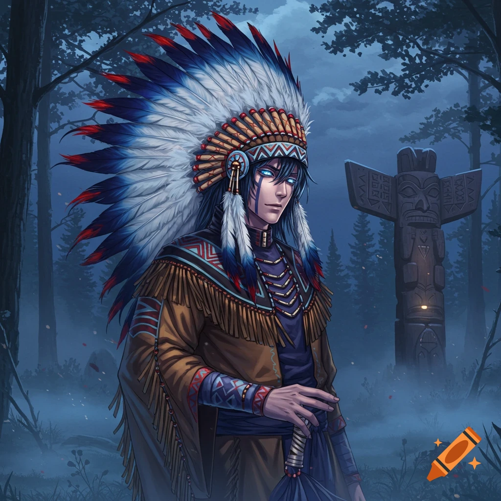 Anime character with glowing eyes wears a detailed Native American feathered headdress and attire in a misty forest.
