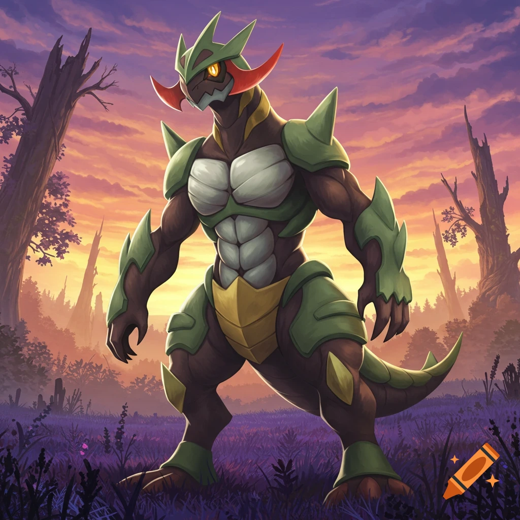 A digital illustration of a green and brown Haxorus, a dragon-like Pokémon, standing in a purple-flowered field under an orange and purple sunset.