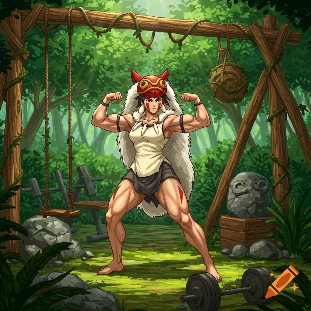 Muscular anime woman, resembling Princess Mononoke, flexing her biceps in a lush jungle gym.