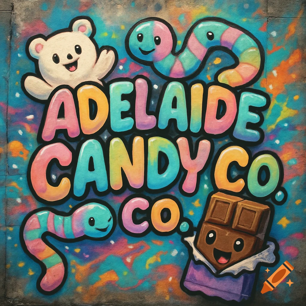 A colorful graffiti sign on a wall saying "ADELAIDE CANDY CO.", surrounded by cute cartoon candy characters.