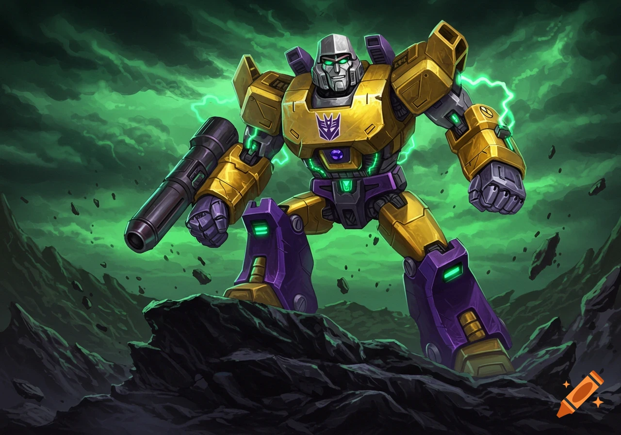 A gold and purple robot, a fusion of Megatron and Wario, stands on rocky terrain under a green stormy sky, holding a large cannon.