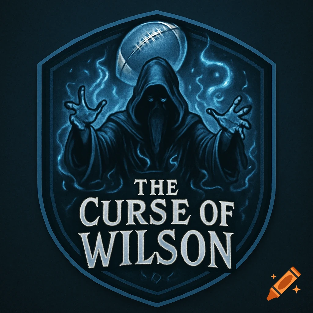 Dark fantasy football logo featuring a hooded grim reaper figure with blue glowing tendrils, a football, and text "THE CURSE OF WILSON" on a shield emblem.