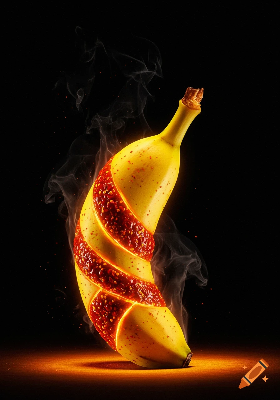 A bright yellow banana wrapped with a spiral of red chili paste, glowing and smoking on a dark background.