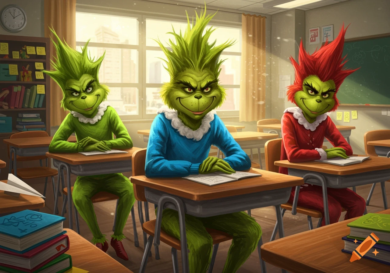 Three Grinch-like students with spiky hair, two green and one red, sit at desks in a classroom, looking mischievous.