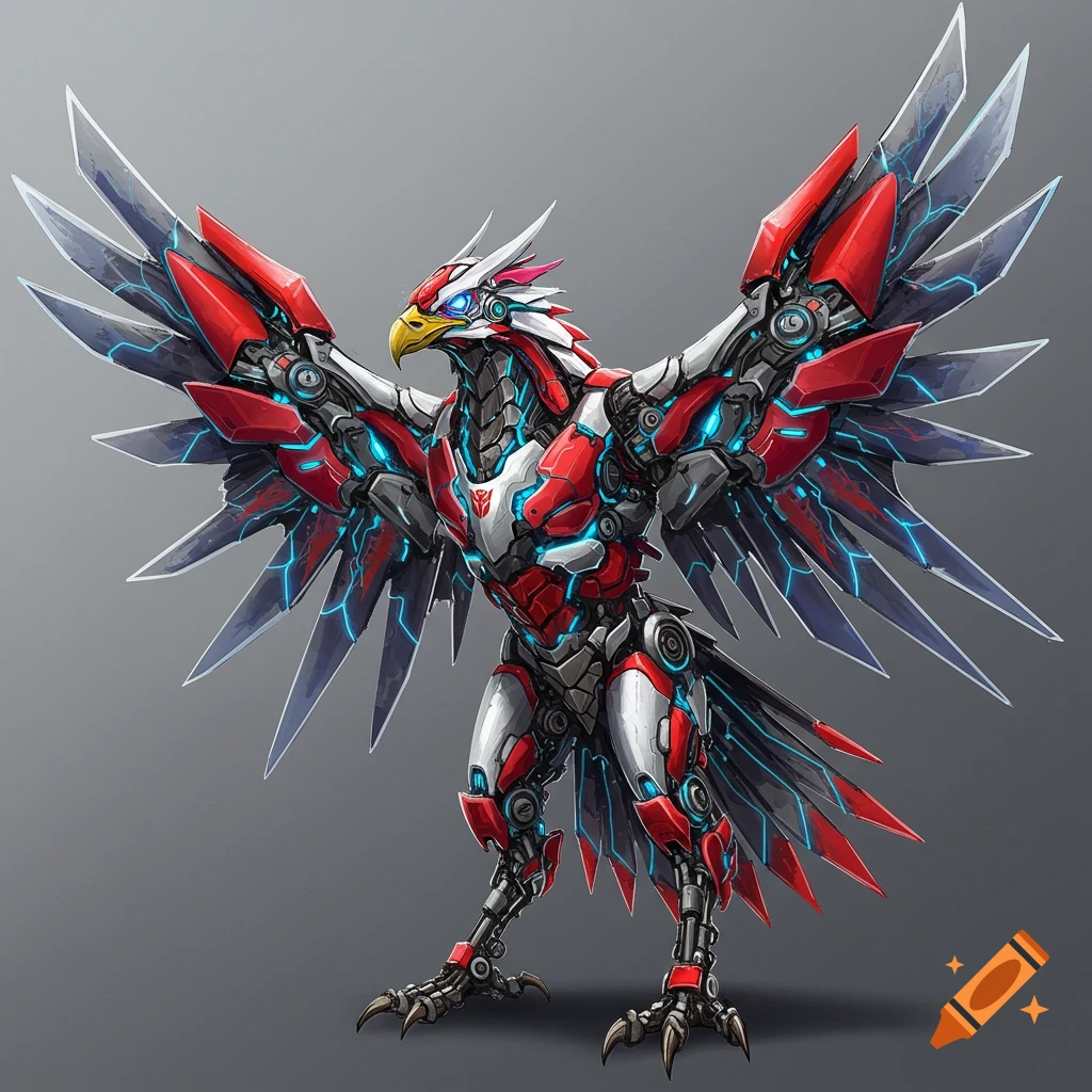 A futuristic, red, white, and blue robotic eagle with glowing energy lines and sharp bladed wings, in a mecha style.