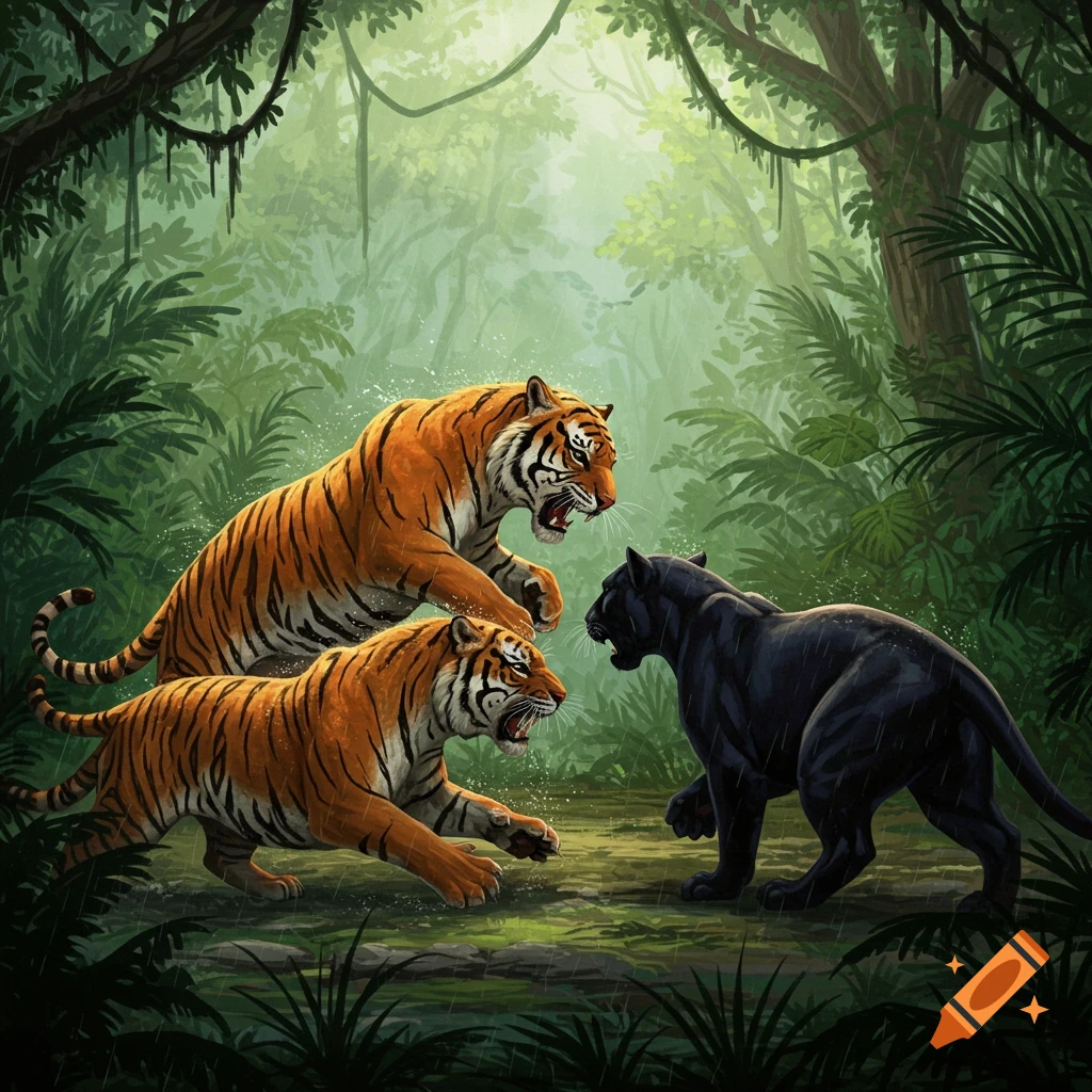 Two aggressive tigers confront a black panther in a lush, green jungle in an illustration.