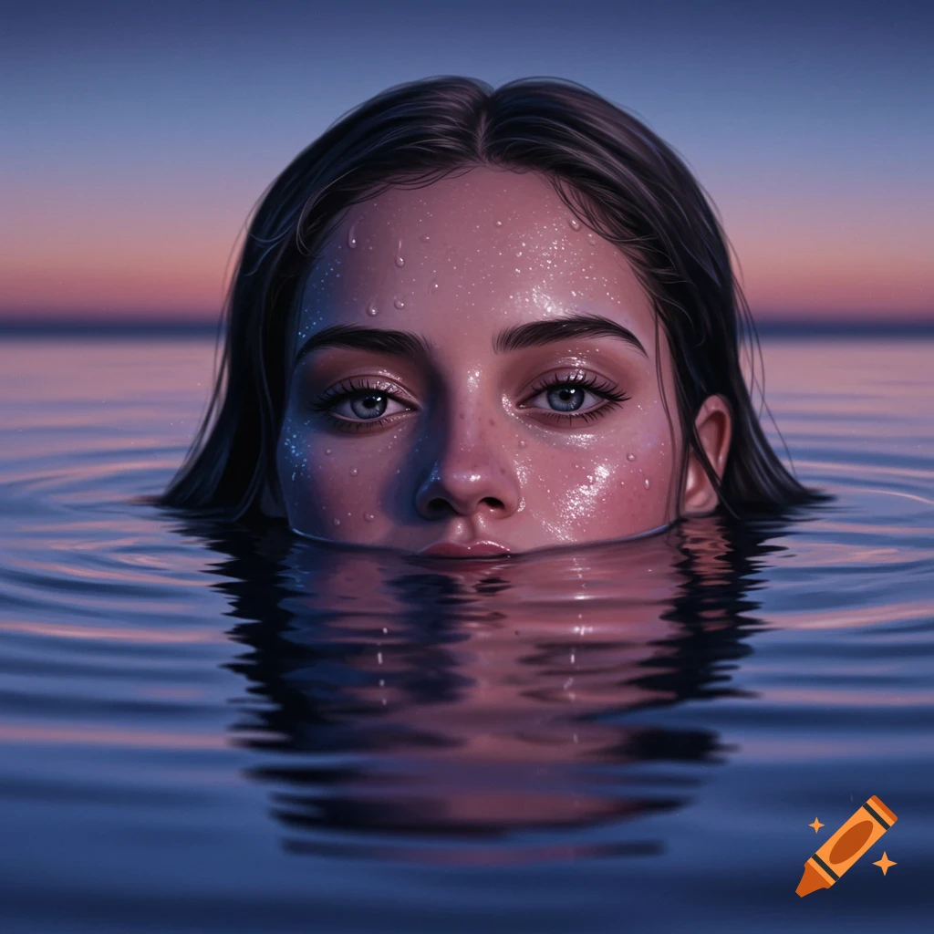 Close-up of a woman's face with water droplets, emerging from still water at dusk.