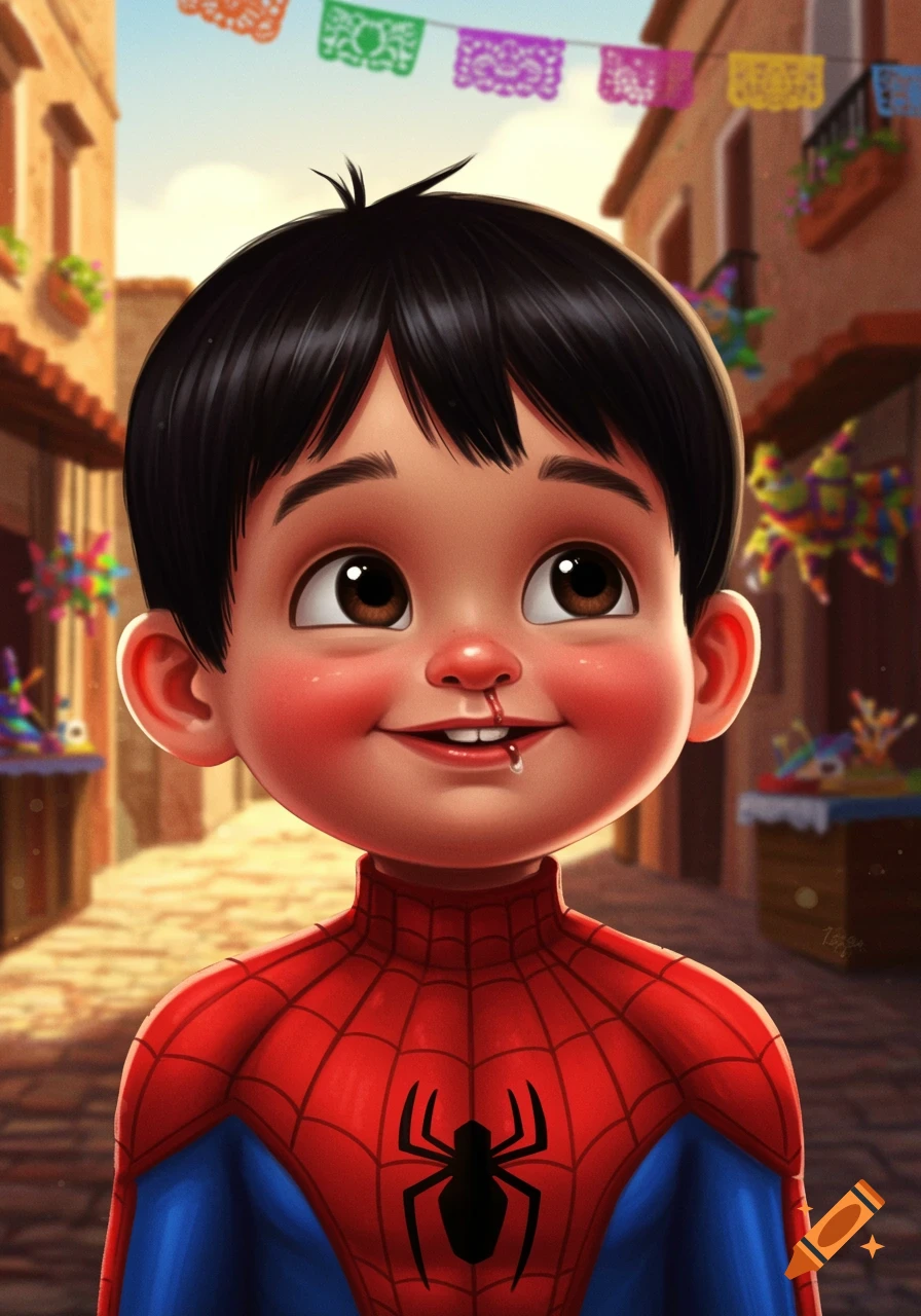 A smiling cartoon boy in a Spider-Man suit with a nosebleed, standing on a festive Mexican street with papel picado.