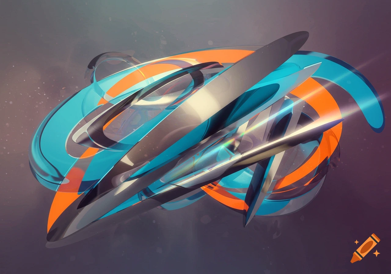 Abstract composition of metallic silver, translucent blue, and orange curved shapes swirling on a dark background.