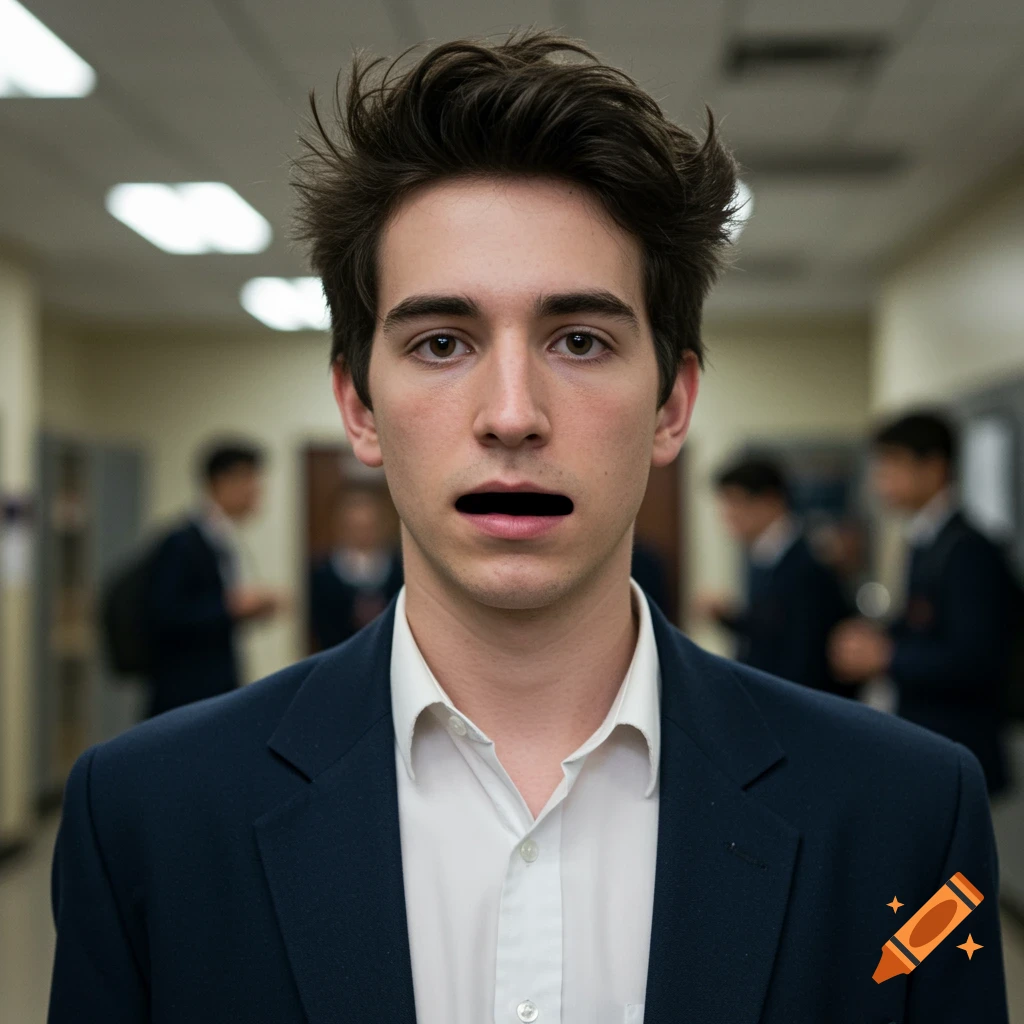 A young man with dark hair in a suit jacket and white shirt stares forward, his mouth replaced by a black void, in a school hallway.