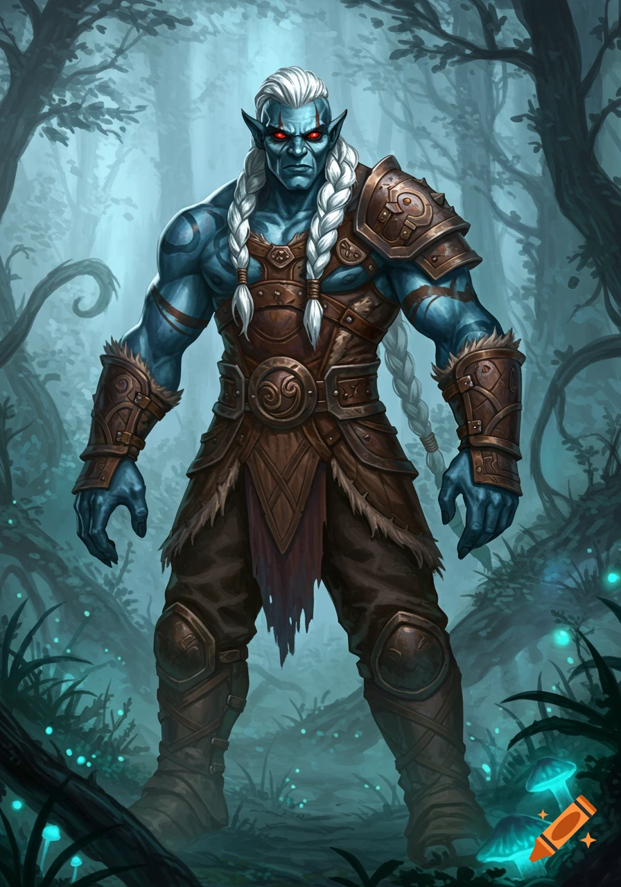 A blue-skinned male Firbolg barbarian with white braids and glowing red eyes stands in a mystical forest, wearing leather and metal armor.