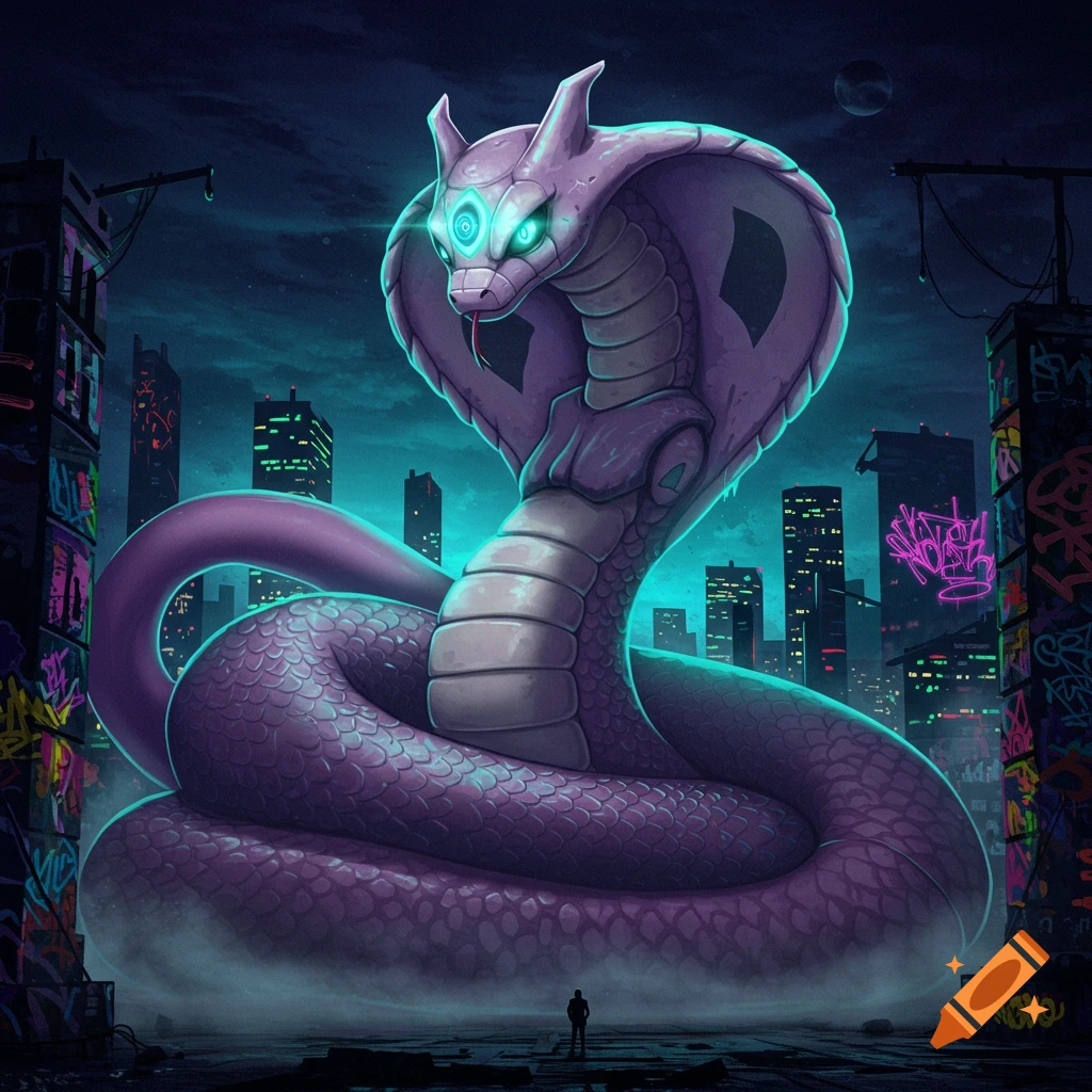 Giant purple cobra-like creature with glowing eyes standing in a dark, futuristic cityscape at night, digital art.