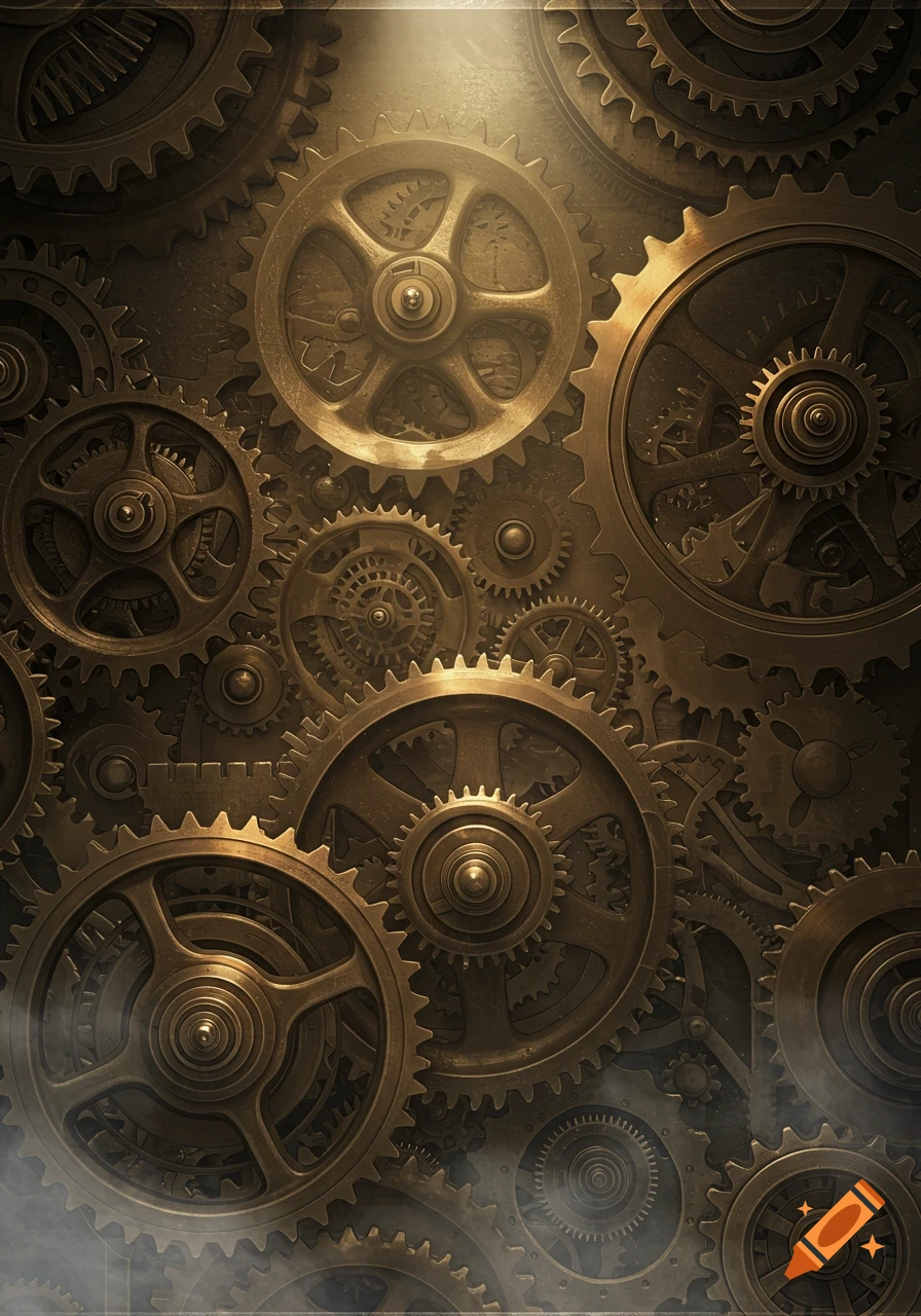 Detailed close-up of interlocking bronze gears with atmospheric lighting and subtle smoke, in a steampunk style.