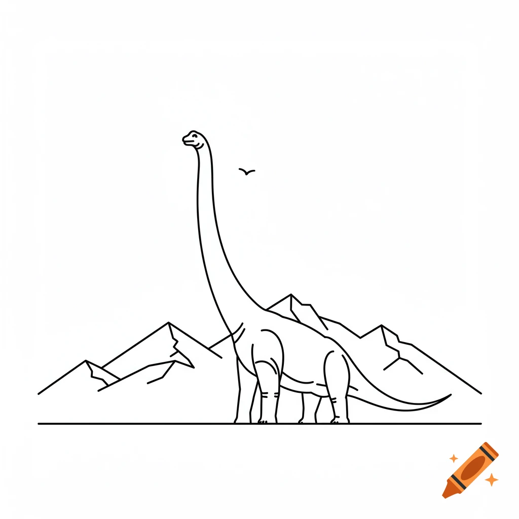 A simple black line art illustration of a brachiosaurus standing in front of mountains.