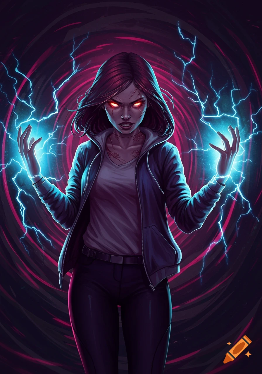 A menacing female anti-hero with glowing red eyes and blue electrical powers, wearing a hoodie, against a dark, swirling background in a comic art style.