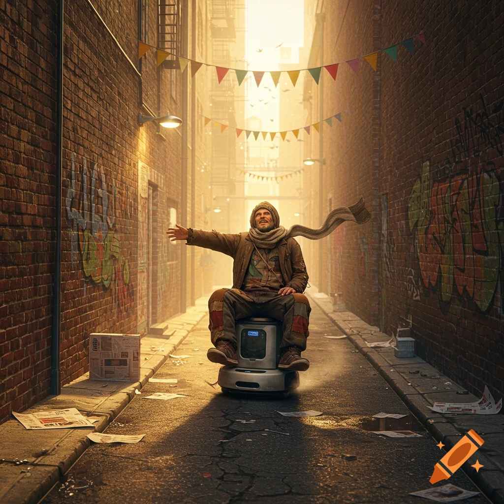 A photorealistic image of a rugged man riding a futuristic robot in a sunlit urban alley with graffiti and festive banners.