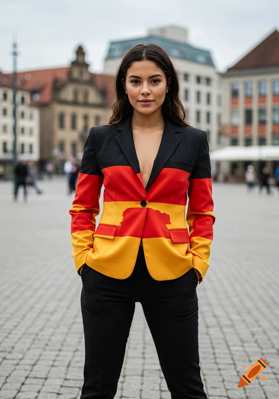 A woman in a black, red, and yellow German flag blazer and black pants stands in a city square.