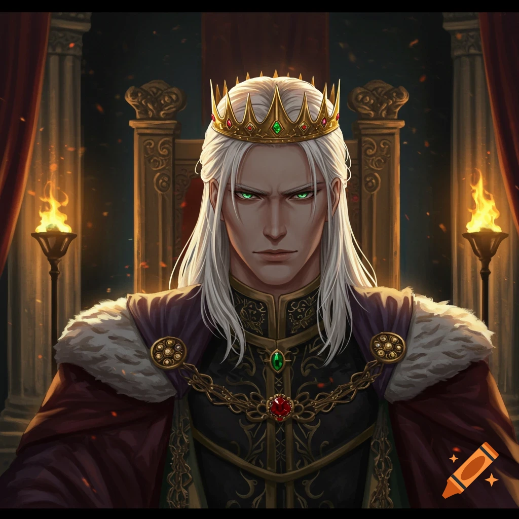 Anime king with white-gold hair, green eyes, and an arrogant expression, wearing a gold crown and dark royal clothing.