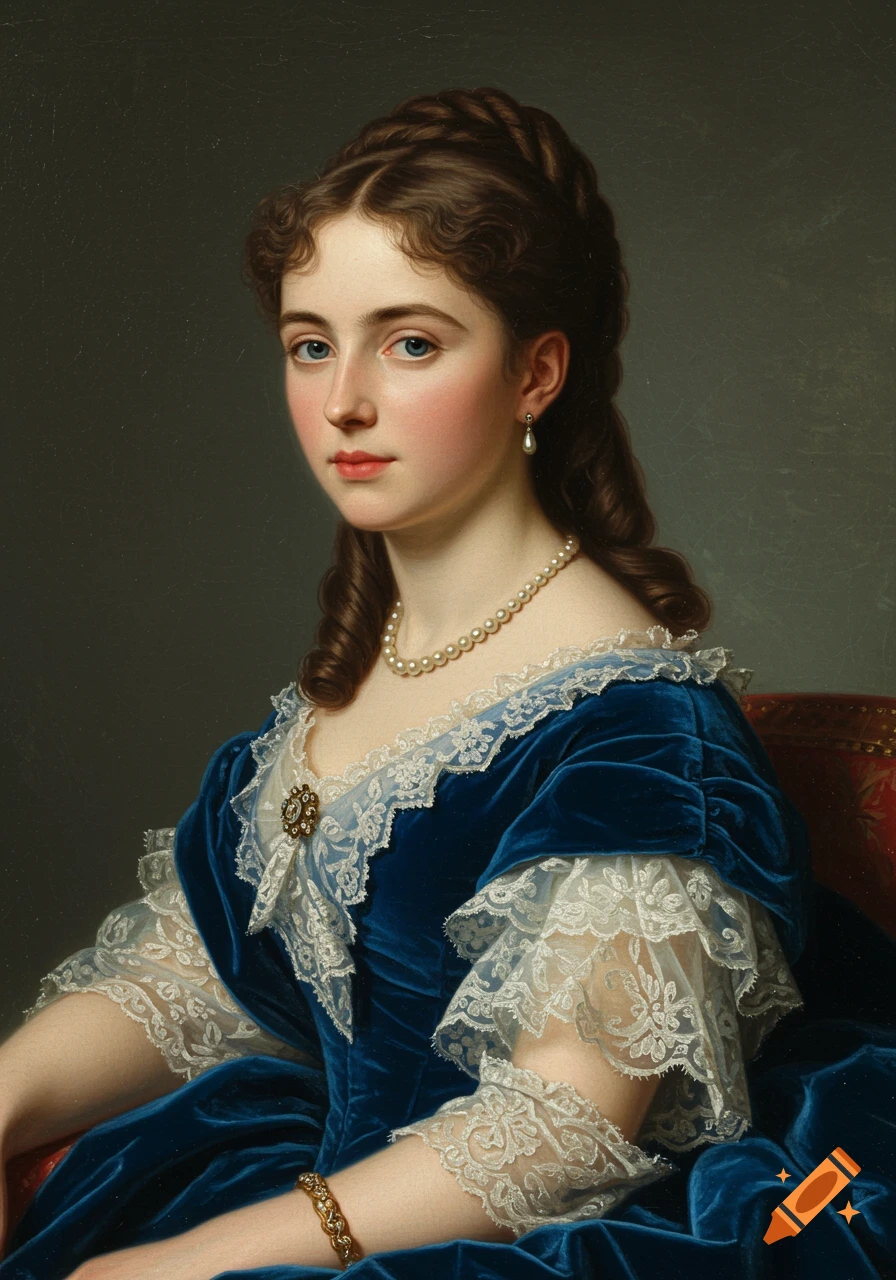 Classic oil painting portrait of a young woman with brown hair and blue eyes, wearing a blue velvet and lace gown, pearl necklace.