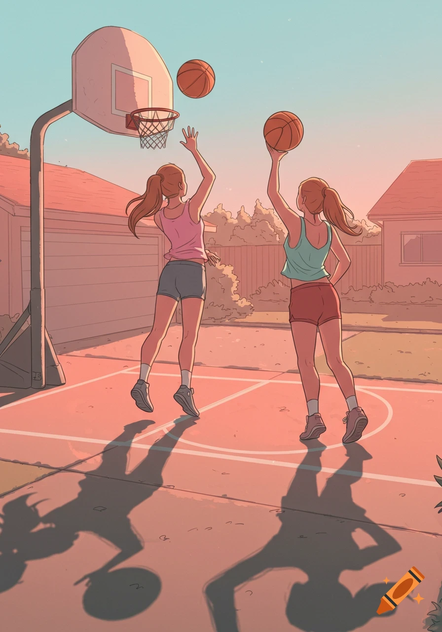 Two girls with ponytails play basketball on an outdoor court at sunset, viewed from behind in a warm, illustrative style.