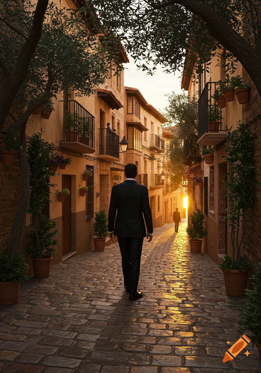 A man in a black suit walks away down a narrow, cobblestone street bathed in golden sunset light, with buildings and potted plants lining the path.