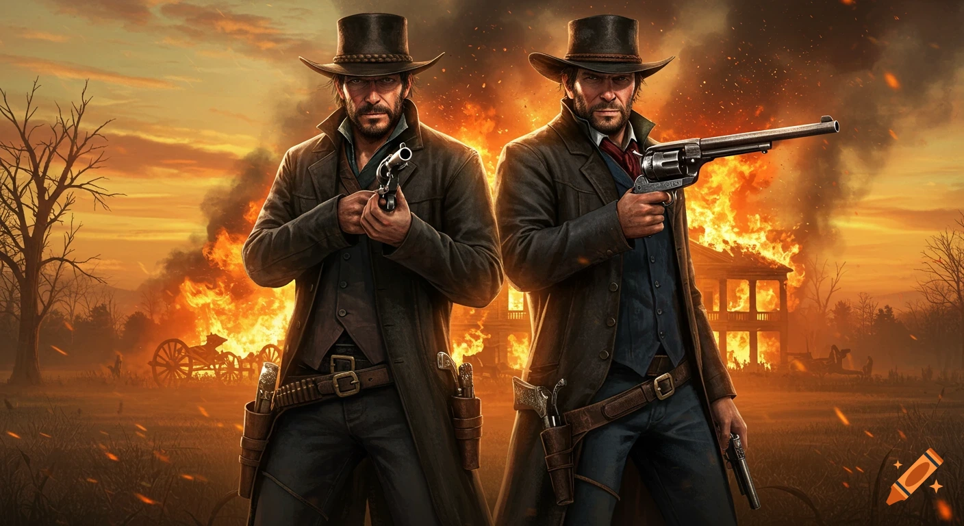 Two men in Western duster coats aim revolvers at the viewer, with a burning plantation house at sunset. Photorealistic.