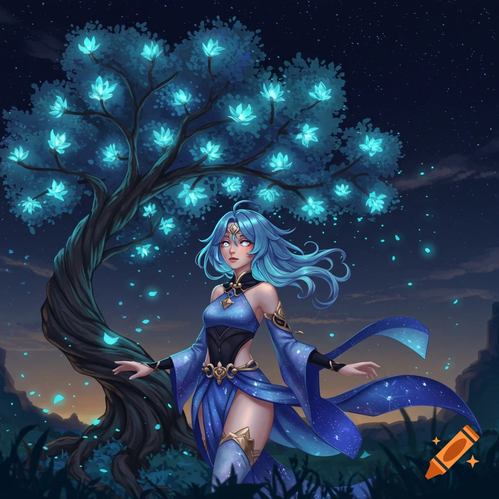 Anime-style illustration of a blue-haired woman in a flowing blue outfit standing under a glowing magical tree at night.