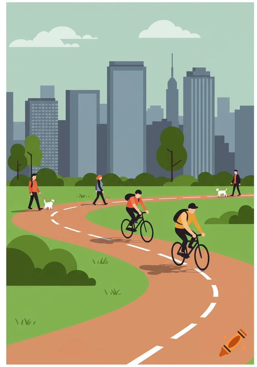 Flat vector illustration of a city park with a winding path, cyclists, people walking with dogs, and skyscrapers in the background.