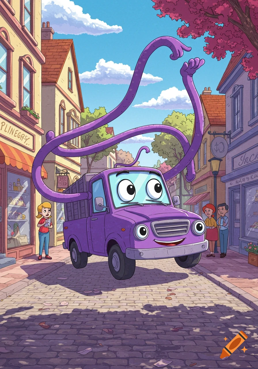 A cheerful purple cartoon truck with long, flexible purple arms drives down a cobblestone street in a lively town, with people on the sidewalks.