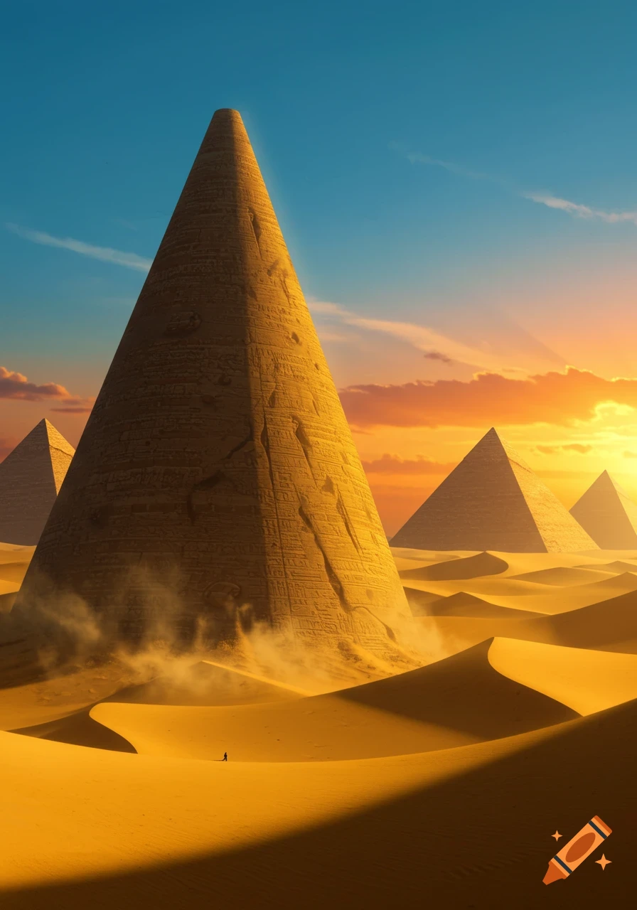 Photorealistic desert landscape at sunset with huge conical structure, Egyptian pyramids, and a tiny person in the foreground.