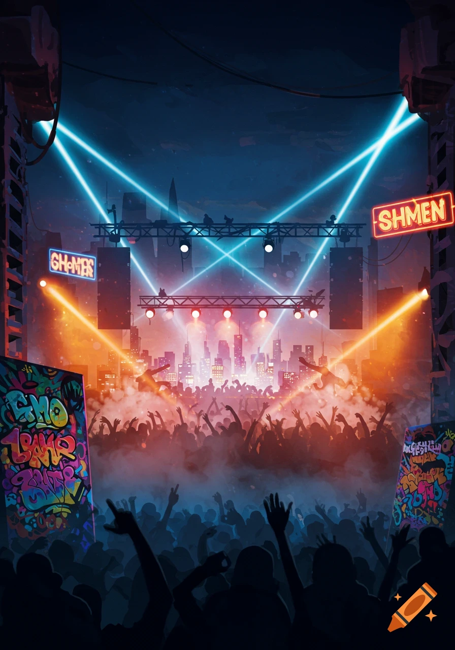 An energetic hip-hop event at night with a large crowd, stage lights, and city skyline in the background, in an illustrated style.