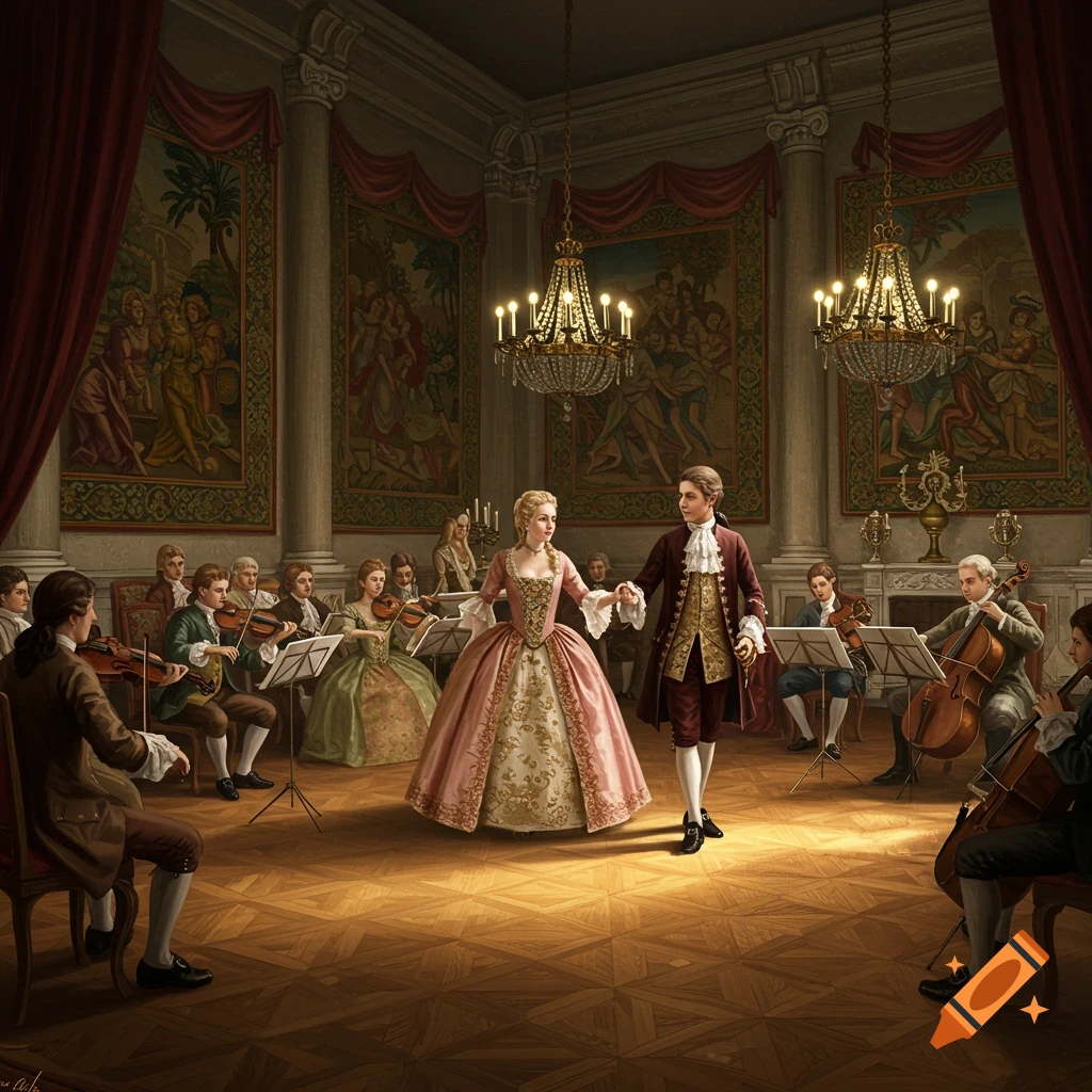 A classical music ensemble plays for a couple dancing in a grand 18th-century hall with chandeliers and tapestries.