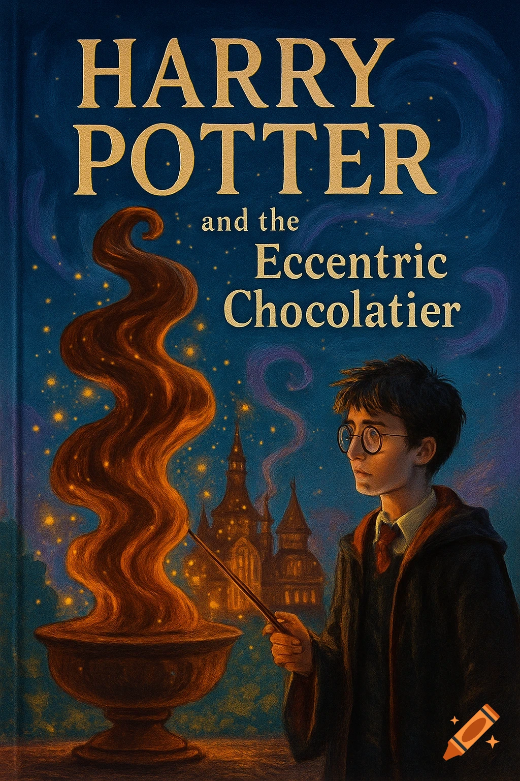 Painted book cover of Harry Potter-like wizard conjuring chocolate from a cauldron, with a castle and stars in the background.