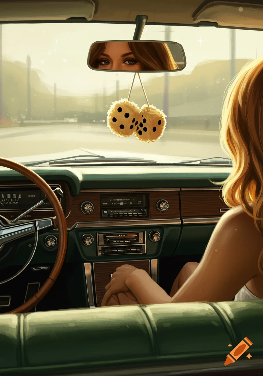 Back view of a woman with blonde hair in a vintage car, fuzzy dice hanging from the rearview mirror reflecting her eyes. The car interior is green and wood-paneled.