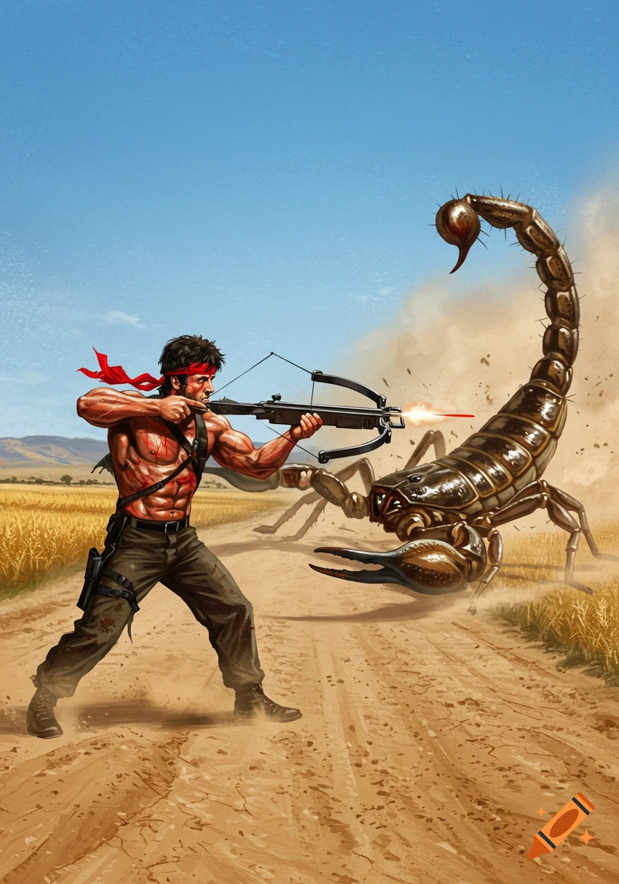 Muscular Rambo aims a crossbow at a giant scorpion on a dusty country road in an action-packed illustration.