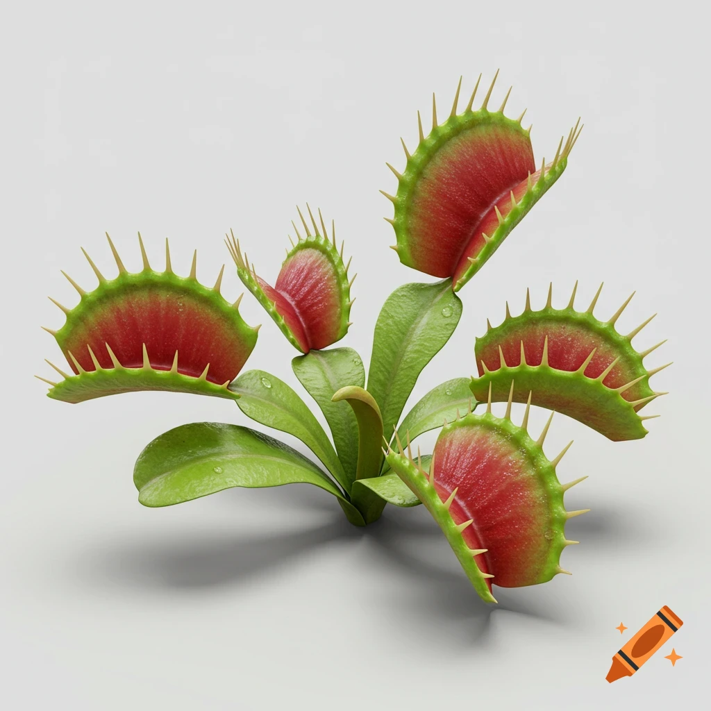 A photorealistic close-up of a vibrant green and red Venus flytrap plant with multiple open traps, on a plain white background.
