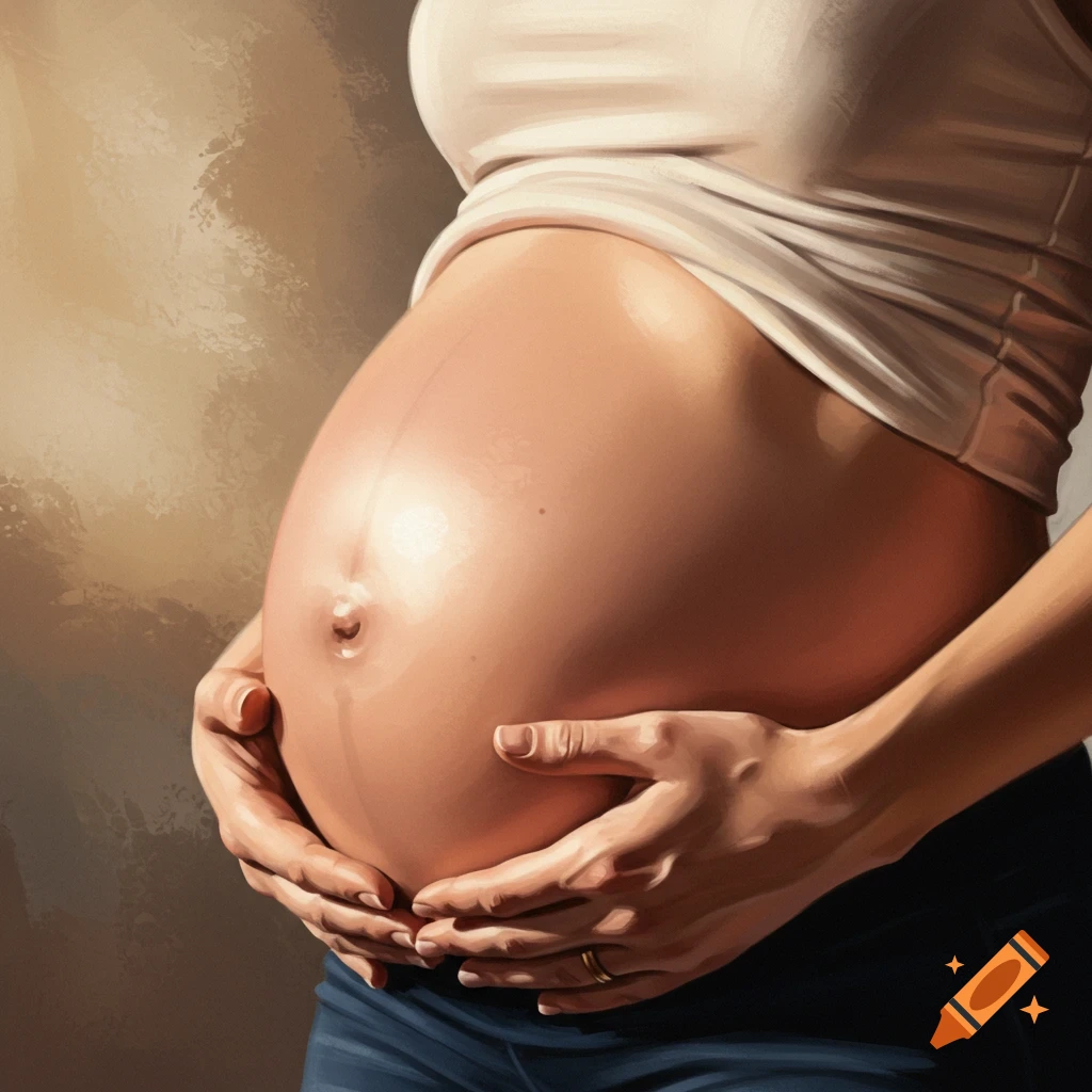 Close-up, painted portrait of a pregnant woman's belly, cradled by her hands.