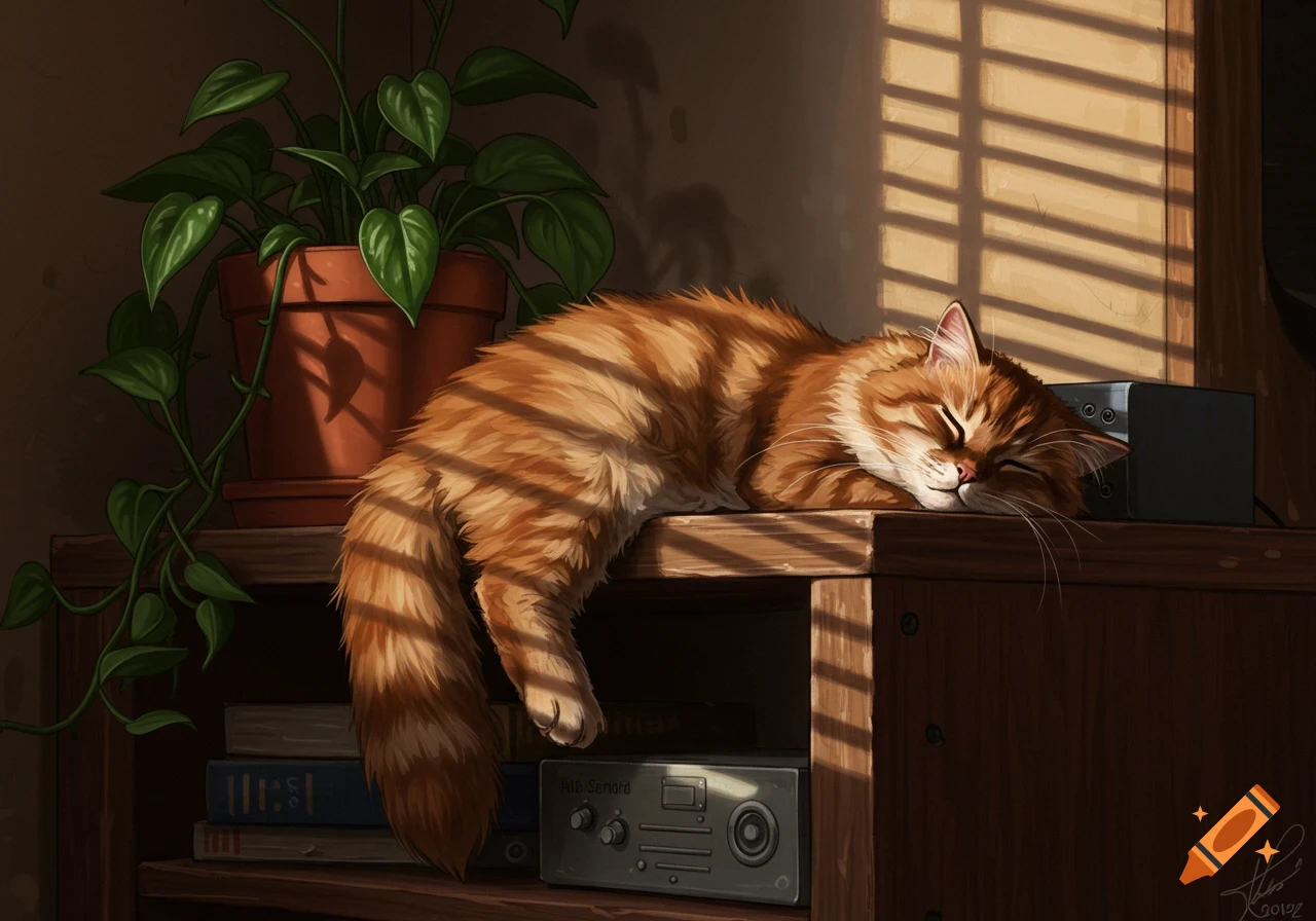 An orange tabby cat with stripes sleeps soundly on a wooden shelf, bathed in warm sunlight filtering through window blinds. A potted plant and audio equipment are nearby in this cozy digital painting.