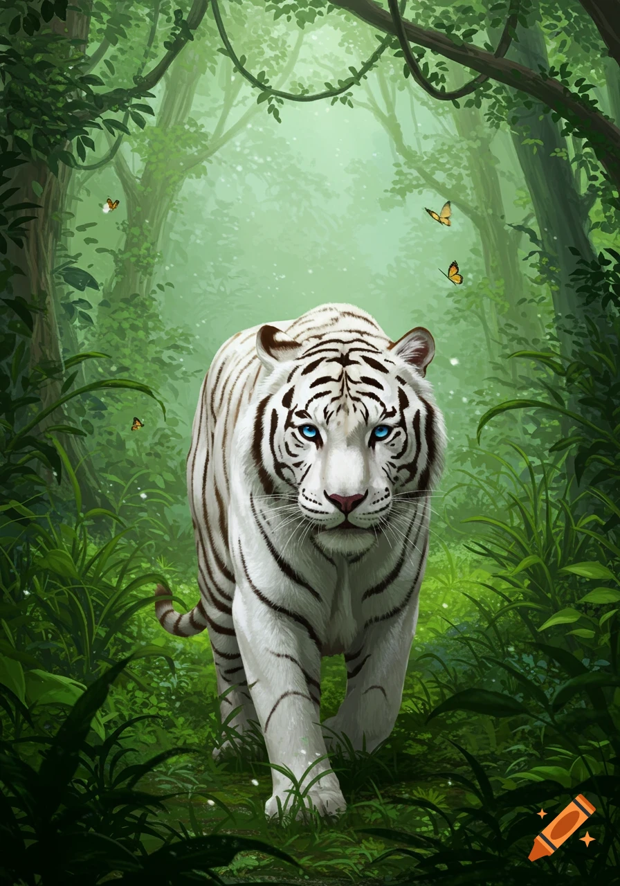 A stunning white tiger with piercing blue eyes walks through a lush, vibrant green jungle.