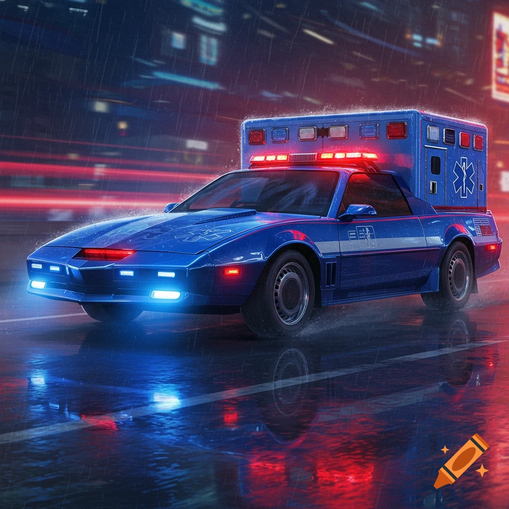 A custom blue Knight Rider KITT ambulance drives through a rainy city street at night, illuminated by neon lights and red/blue emergency lights.