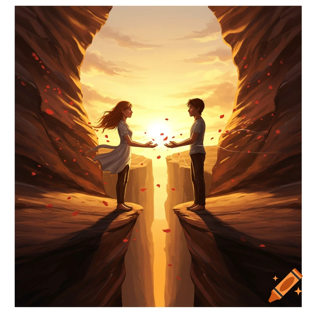 Illustrated romantic scene of a man and woman on opposite canyon cliffs, reaching across a chasm at sunset with falling heart petals.