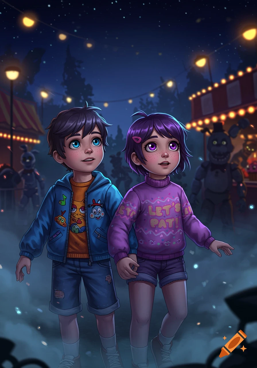 Two cartoon children, a boy and a girl, look up at a night carnival with animatronic figures in the background.