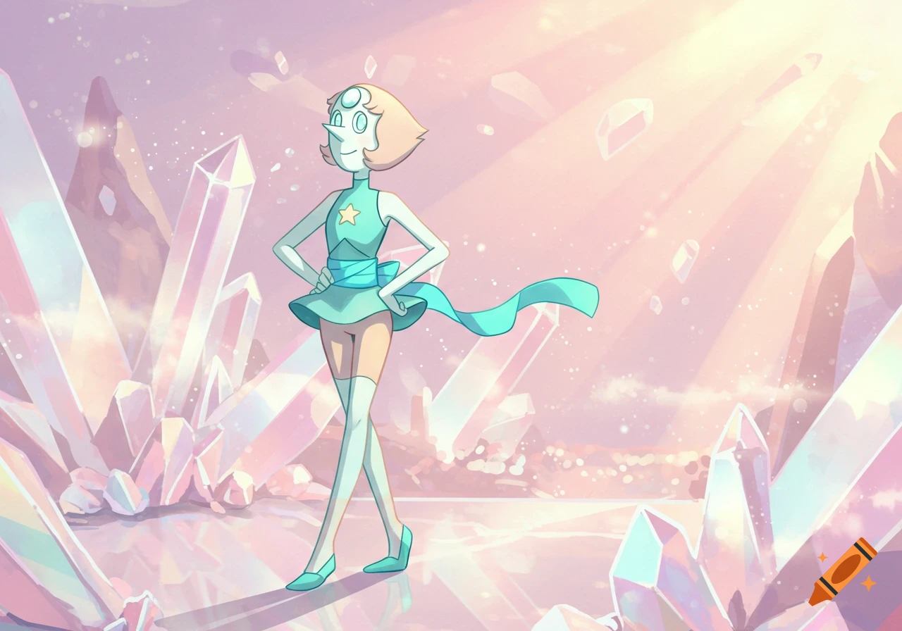 Pearl from Steven Universe stands confidently amidst glowing pink and blue crystals under a pastel sky in a cartoon style.