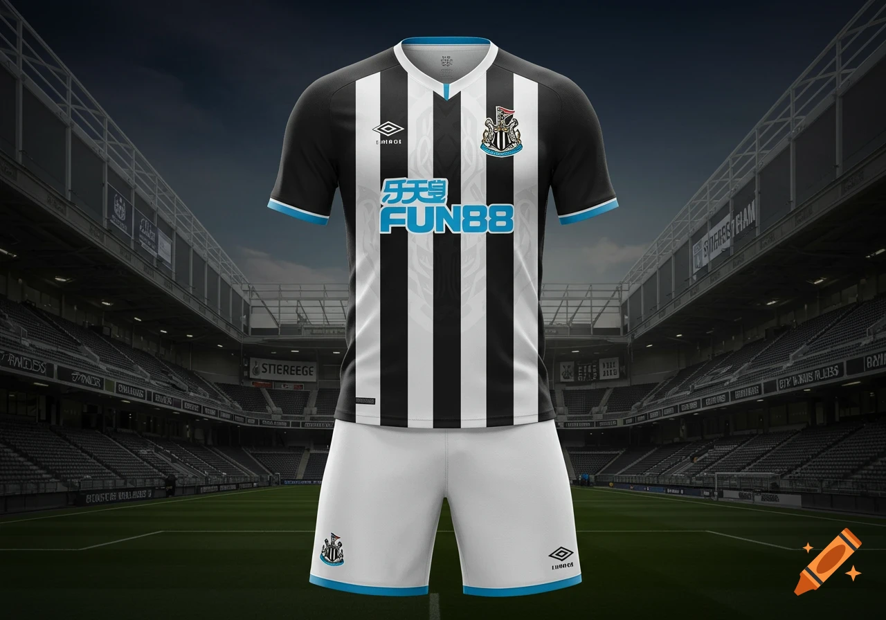 A Newcastle United football kit, featuring a black and white striped jersey with blue accents and white shorts, displayed in a stadium.