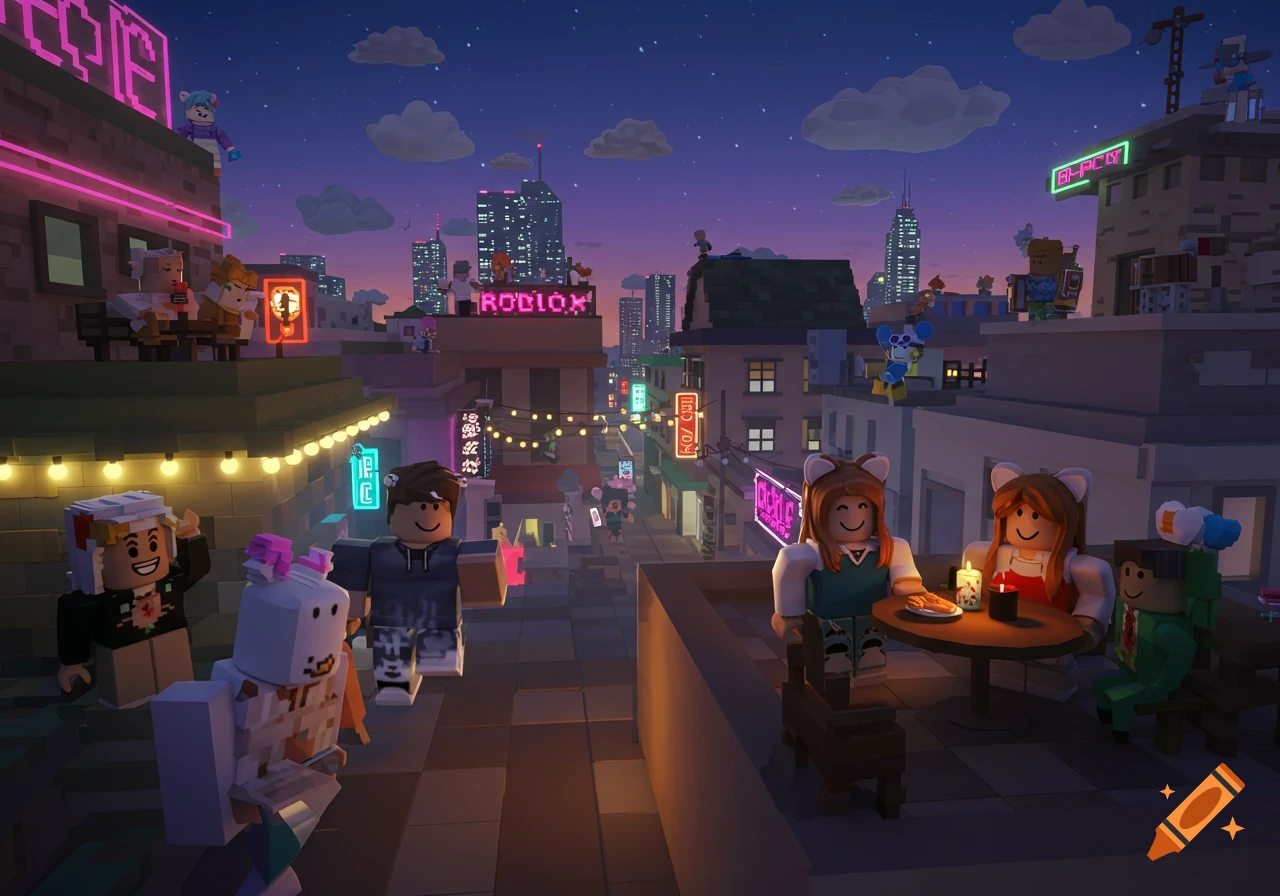 Roblox-style blocky characters interact on a city rooftop at night, with neon signs and skyscrapers in the background.