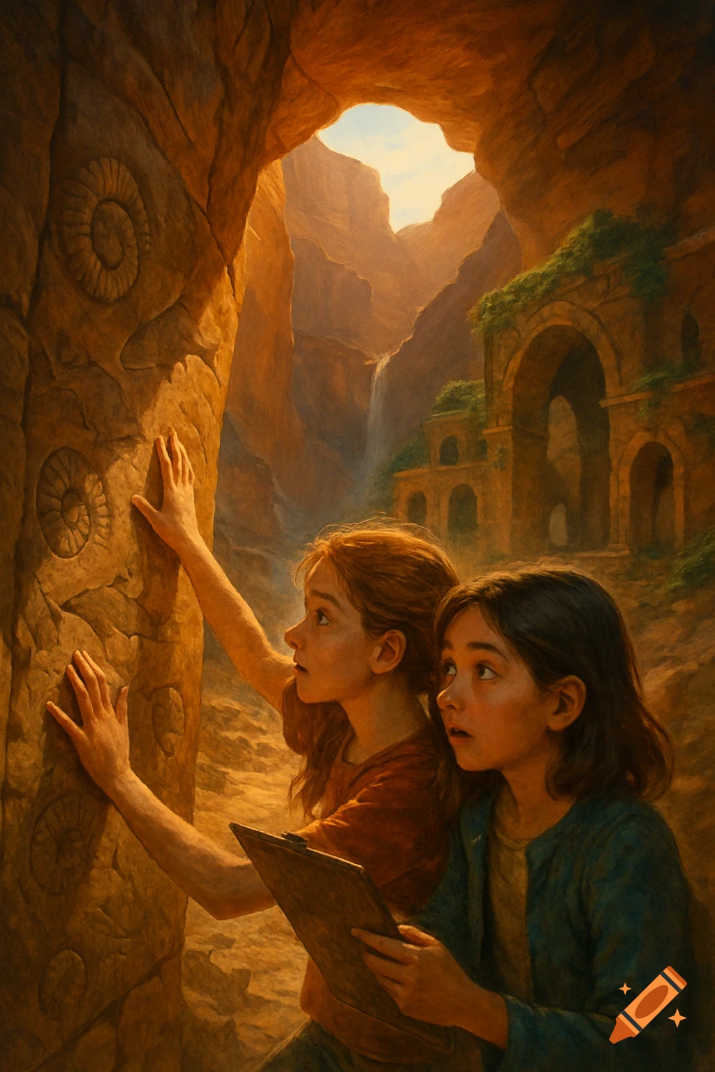 Two girls explore a cave, one touching large spiral fossils on a rock wall, with ancient ruins and a canyon in a detailed painting.