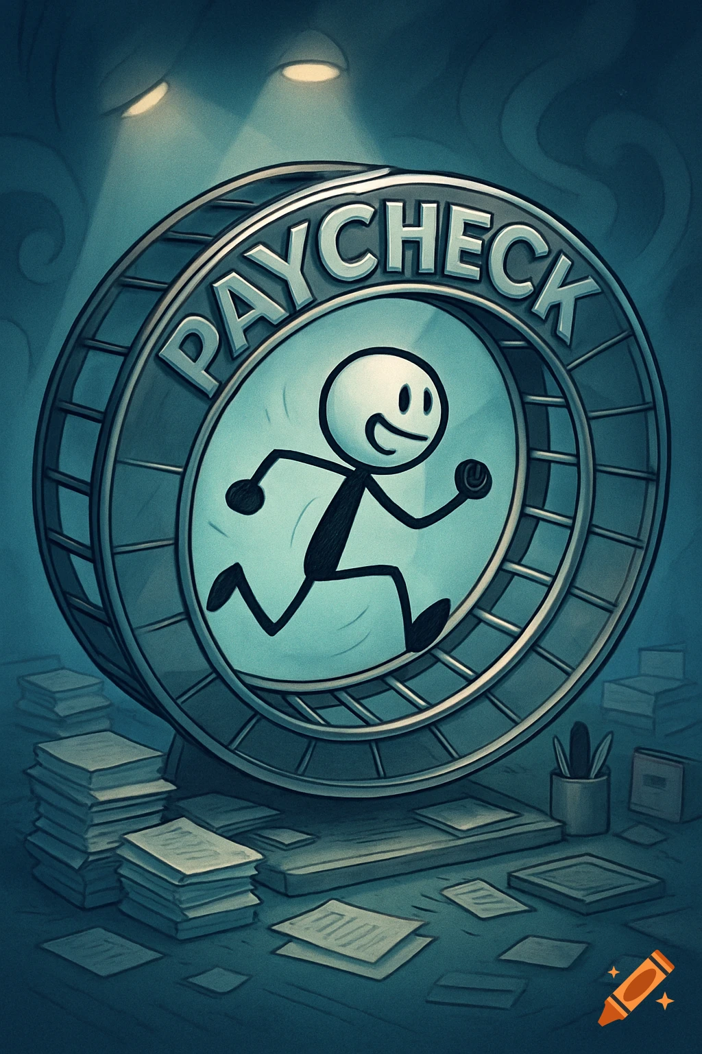 A cartoon stick figure runs in a hamster wheel labeled "PAYCHECK," surrounded by stacks of papers, in a dark, blue-toned illustration.