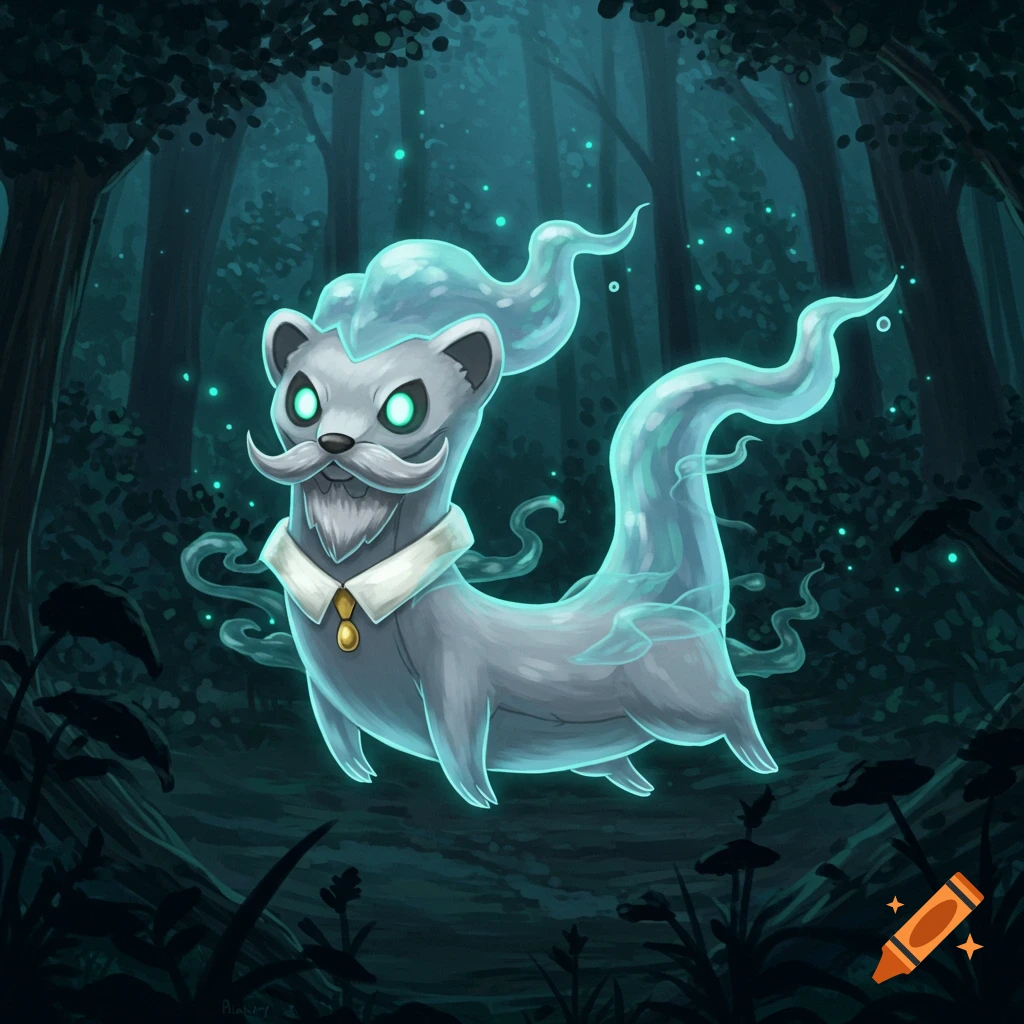 A ghostly weasel-like creature with a mustache, beard, glowing green eyes, and a white collar floats in a dark, mystical forest illustration.